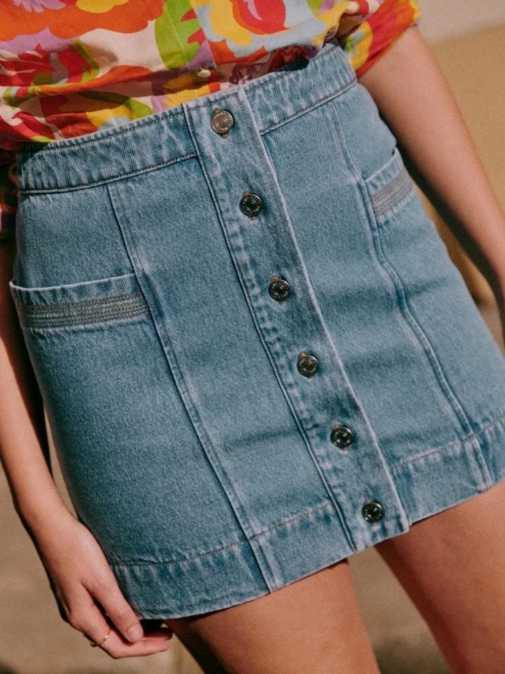 Sezane Light Blue Denim Button-Front Mini Skirt